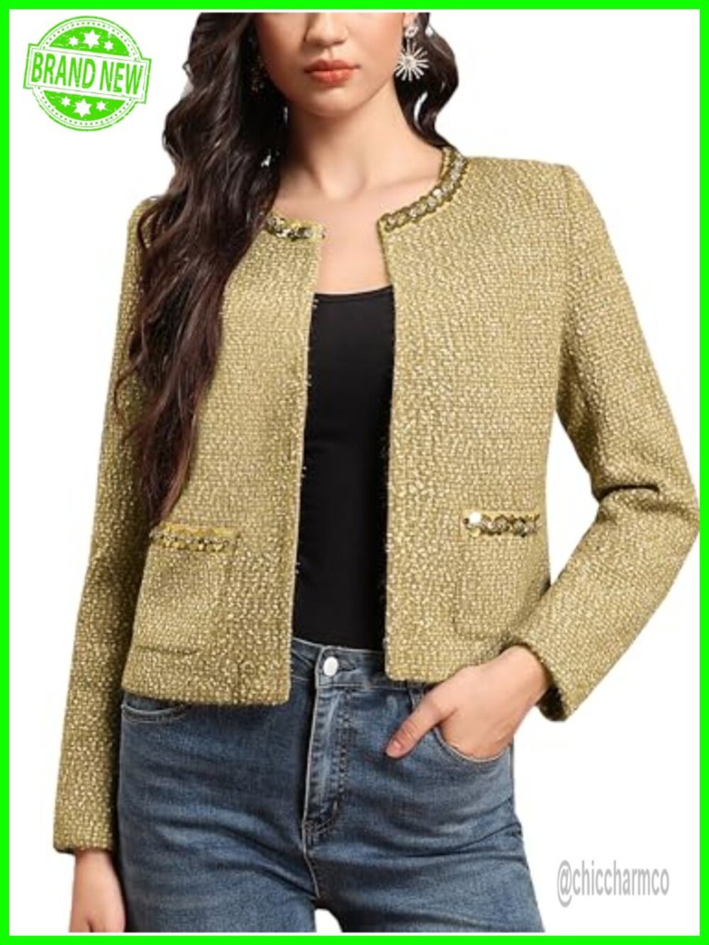Wool Blend Bouclé Tweed Blazer Sequin Rhinestone Trim Cropped Hook Closure
